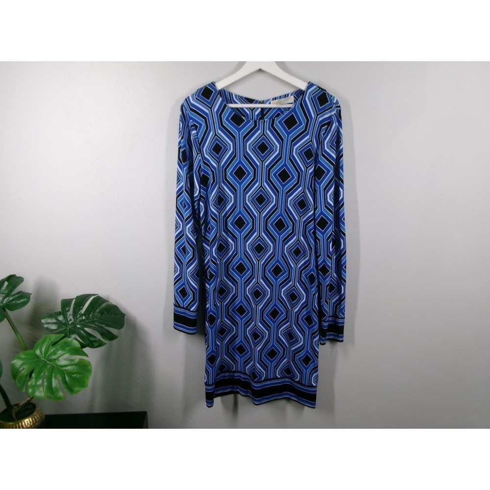 MMK Michael Kors Dress Size MEDIUM Shift Blue Geometric‎ Print Long Sleeve